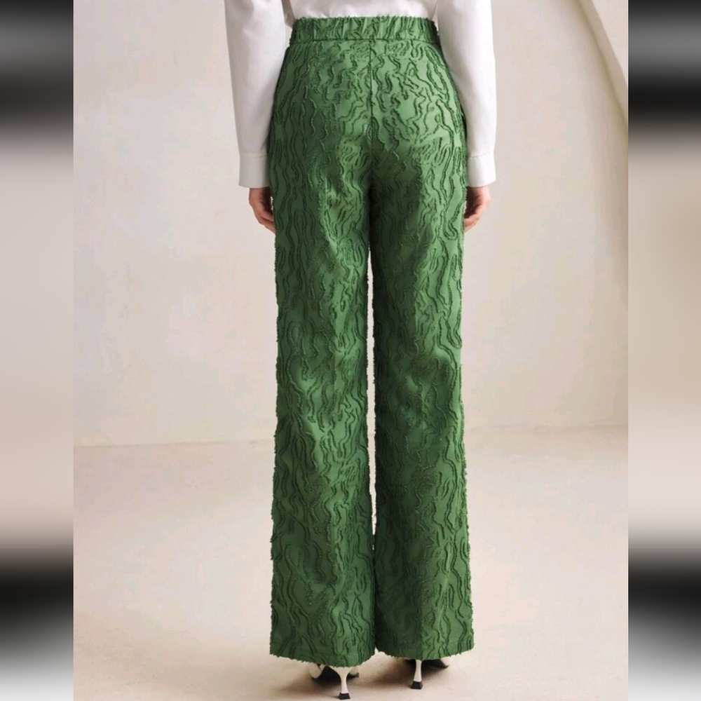 Floral Cut-Out Green Suit Pants, Women's Spring/Summer Apparel For Party - Picture 2 of 6